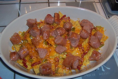 Sausage Salsa Tortilla chips covered with tomato puree, sausages, jalapenos and cheese. (Submitted by Siobhan Best)